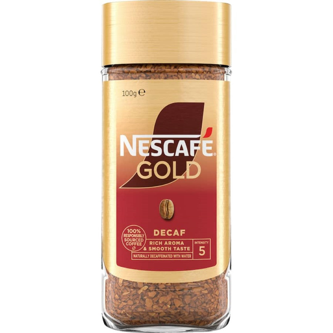 Nescafe Gold Decaf Instant Coffee 100g jar, smooth taste made from premium Arabica & Robusta beans, 100% recyclable packaging.