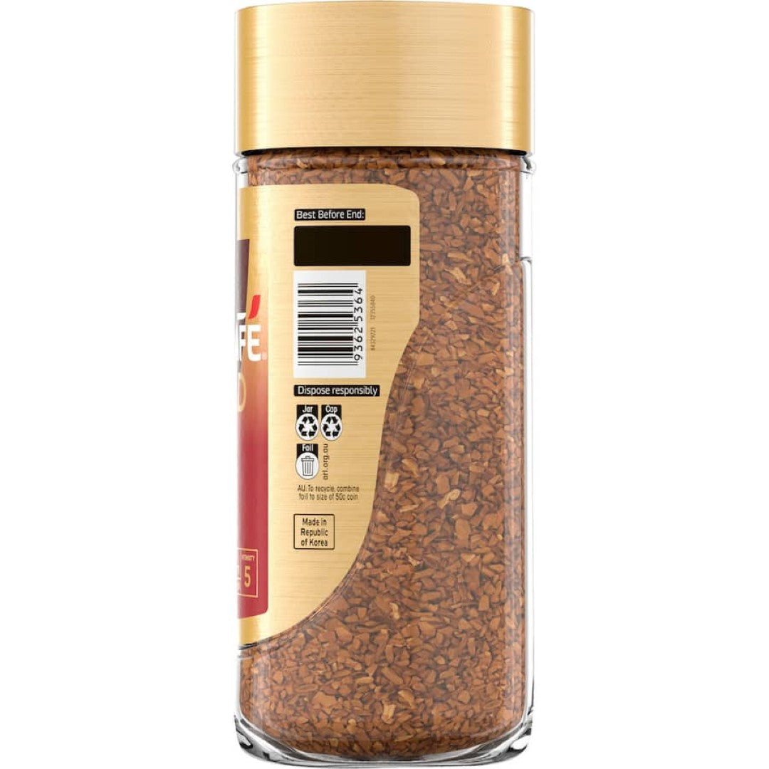 Nescafe Gold Instant Coffee Decaf jar, filled with rich, aromatic decaf coffee made from premium beans, perfect for caffeine-free enjoyment.