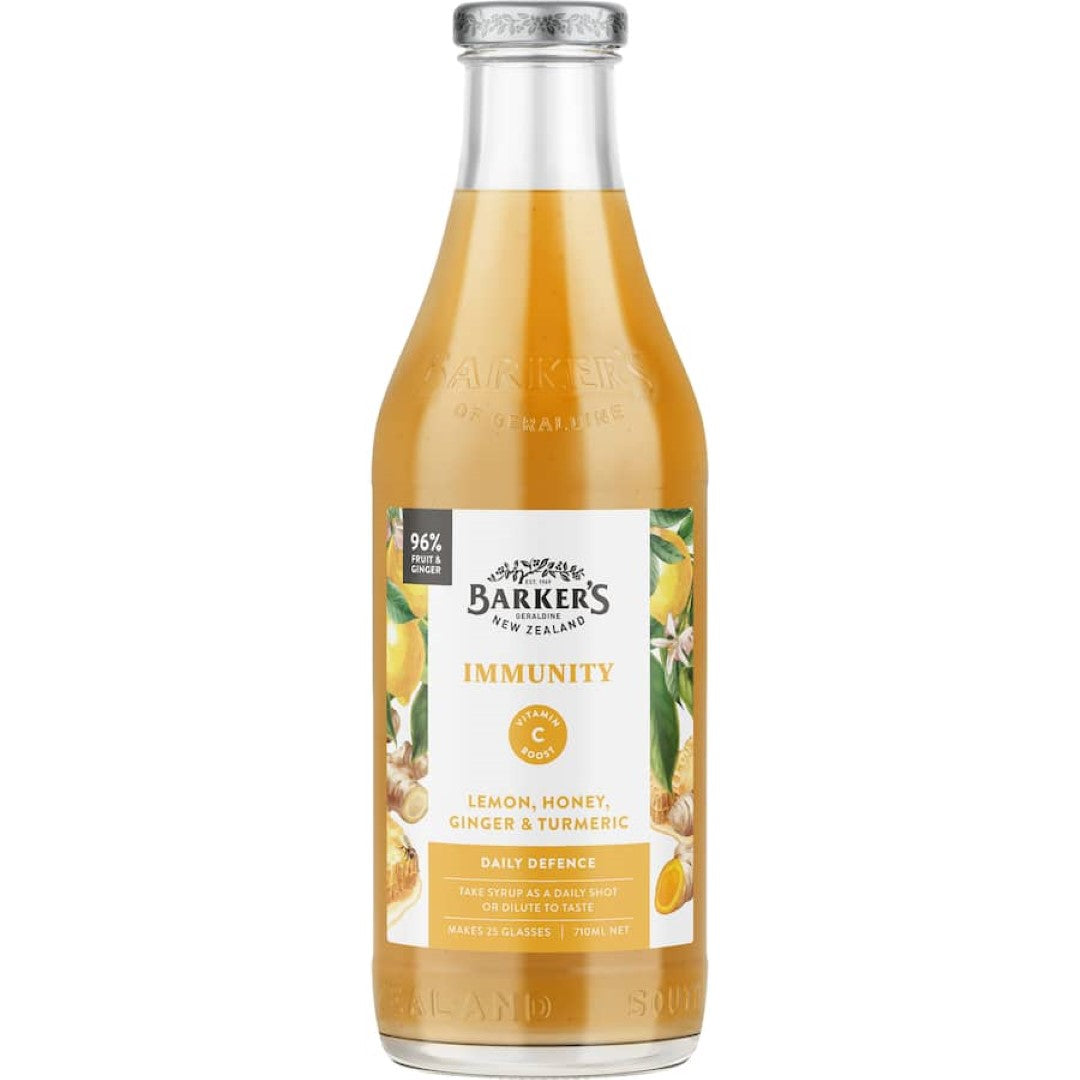 Barkers Immunity Fruit Syrup features a blend of lemon, honey, ginger, and turmeric for immune support and wellness.