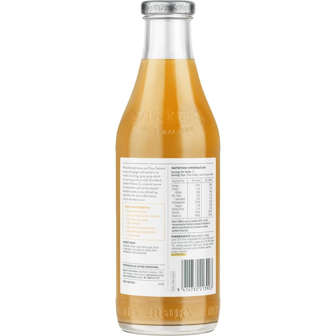 Barkers Immunity Fruit Syrup featuring lemon, honey, ginger, and turmeric for boosting immune health and wellness.