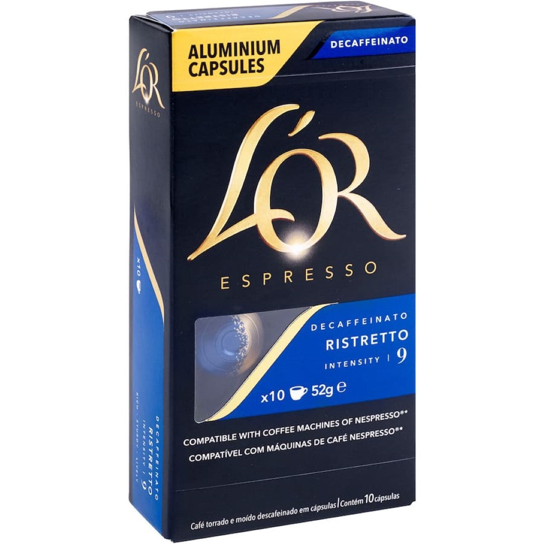 Decaf L'or Espresso capsules, intensity 9, in aluminum for rich flavor, compatible with Nespresso machines.