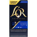 L'or Espresso Decaf Ristretto capsules offer rich flavors in intensity 9, compatible with Nespresso machines.