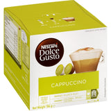 Luxurious Nescafe Dolce Gusto Cappuccino coffee pods featuring rich espresso and creamy milk froth for an authentic Italian experience.