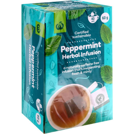 Woolworths Herbal Tea Peppermint Infusion in a 40-pack, featuring refreshing, caffeine-free peppermint leaves for a soothing beverage.