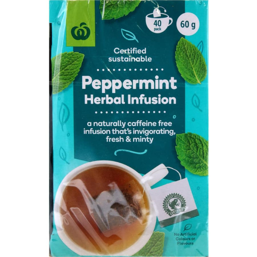 Woolworths Herbal Tea Peppermint Infusion, a refreshing caffeine-free tea in a 40-pack, crafted from sustainable peppermint leaves.