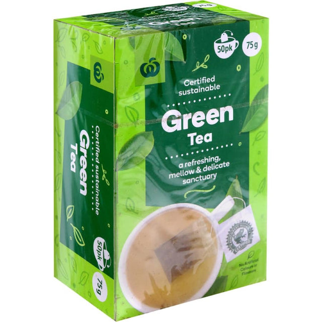 Woolworths Green Tea 50 pack, sourced from Rainforest Alliance farms, rich in antioxidants for a healthy lifestyle.