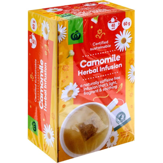 Woolworths Herbal Tea Chamomile Infusion, a 40-pack of soothing chamomile tea for relaxation and promoting restful sleep.