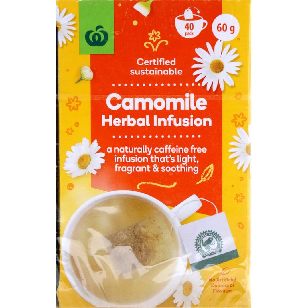 A soothing 40-pack of Woolworths Herbal Tea Chamomile Infusion for relaxation and wellness, sourced from certified farms.