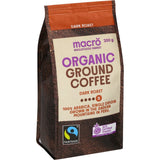 Organic Fair Trade Dark Roast Coffee, smooth with milk chocolate and vanilla notes, sourced from Peru's Andean mountains.