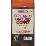 A bag of Macro Organic Fair Trade Ground Coffee Dark Roast showcasing its rich Peruvian coffee, promoting sustainability and quality.