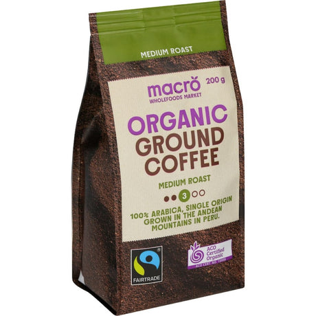 Macro Organic Fair Trade Ground Coffee Medium Roast featuring smooth chocolate and vanilla notes, sustainably sourced from Peru.