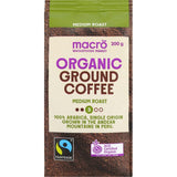 Macro Organic Fair Trade Medium Roast Coffee, sourced from Peru with notes of milk chocolate and vanilla, supporting sustainable farming.