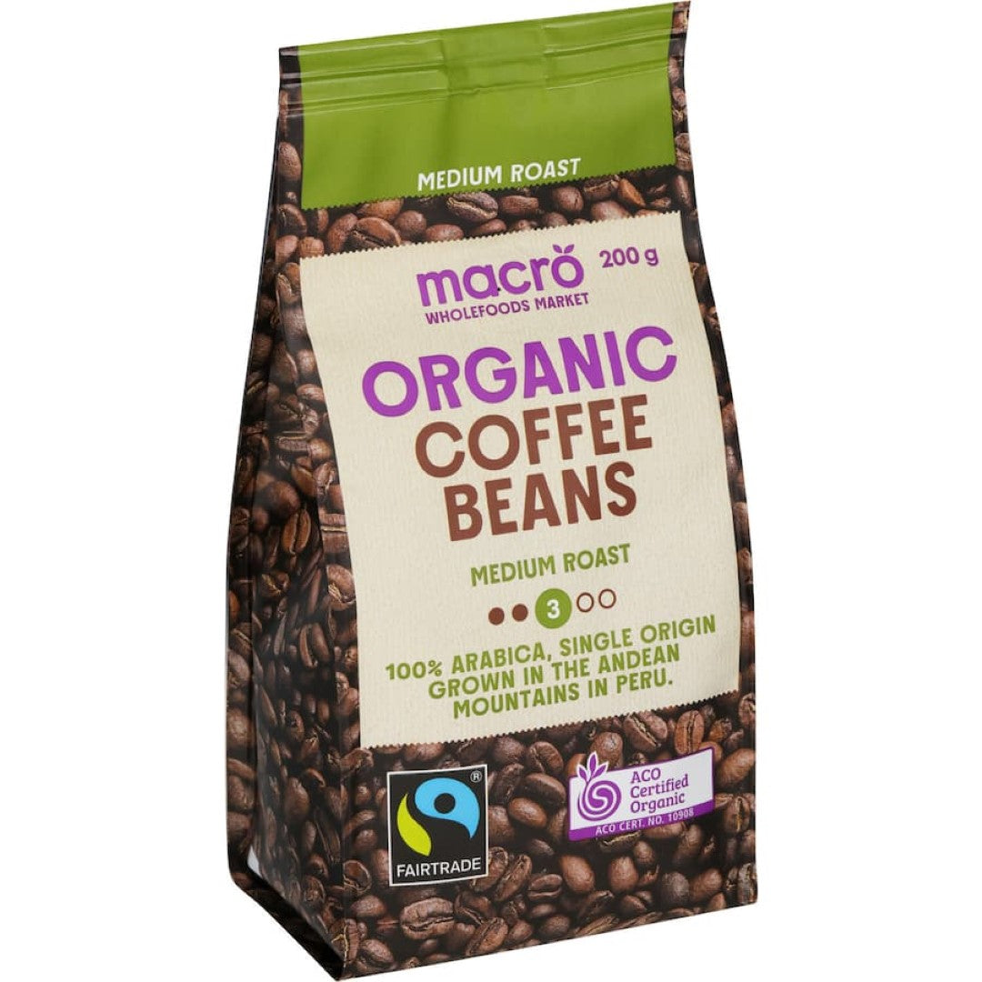 Macro Organic Fair Trade Coffee Beans Medium Roast with rich, mellow flavors of milk chocolate and vanilla from Peru.