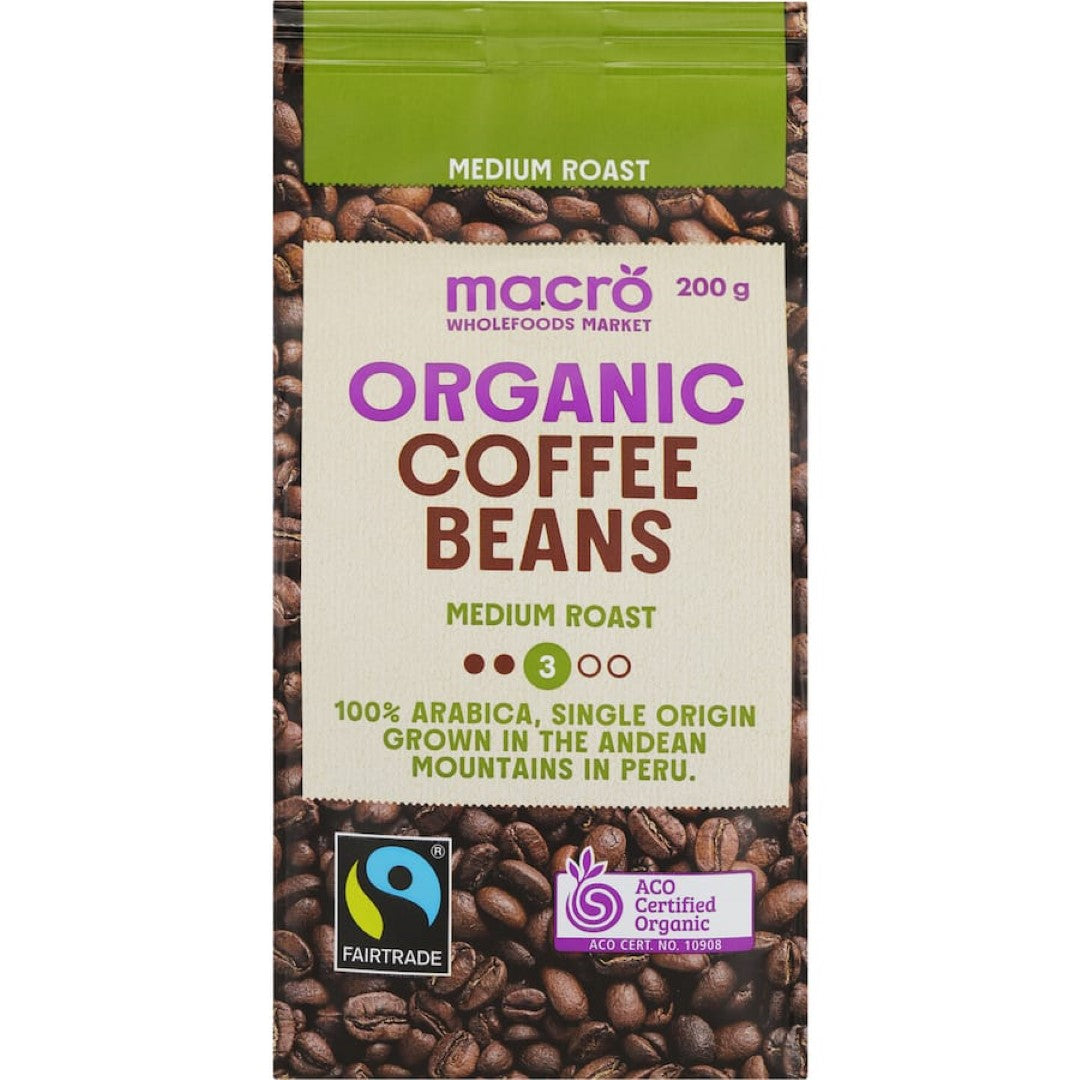 Organic Fair Trade Medium Roast Coffee Beans from Peru, featuring smooth chocolate and vanilla notes for a rich, sustainable brew.