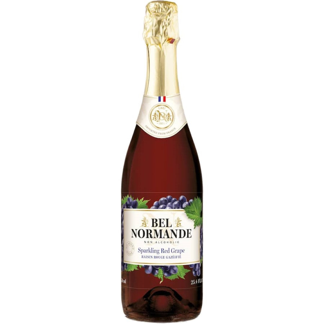 Bubbly Bel Normande Sparkling Grape Juice Red, a non-alcoholic, refreshing beverage for celebrations and gatherings.