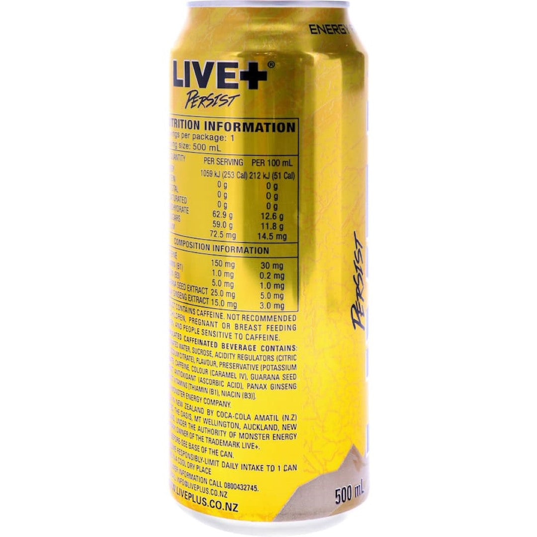 Can of Live Plus Energy Drink Persist, boasting natural ingredients for energy and focus, ideal for workouts and daily activities.