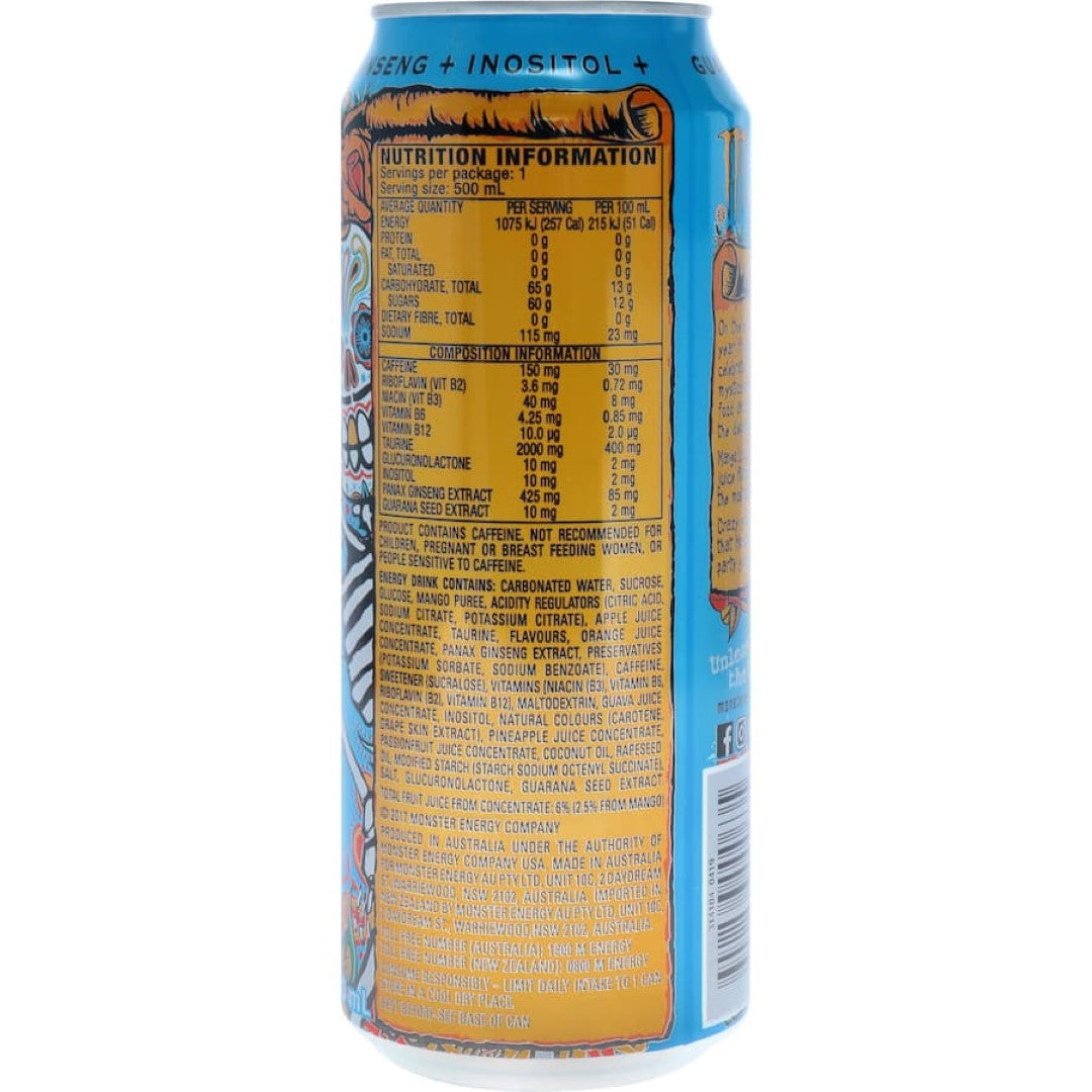 A vibrant can of Monster Energy Drink Mango Loco, showcasing its tropical mango flavor and energizing ingredients.