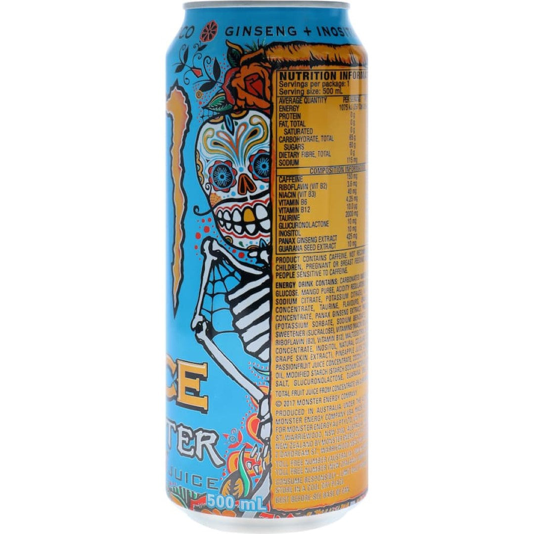 A vibrant can of Monster Energy Drink Mango Loco featuring bold colors and tropical mango design, perfect for energy and hydration.