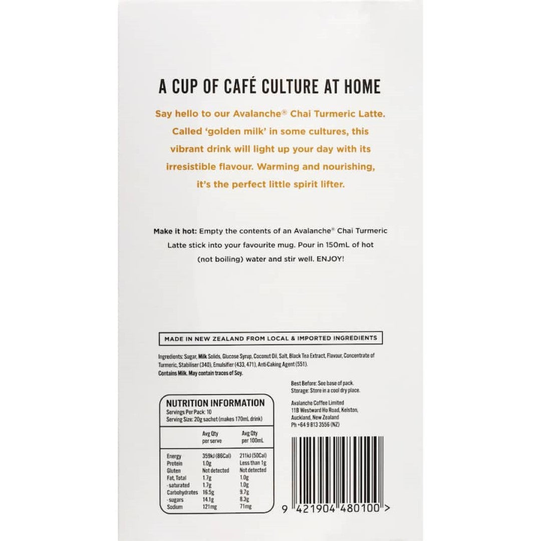 Avalanche Chai Latte Turmeric: organic chai blend with turmeric, warming spices, and health benefits for a comforting drink.