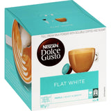 Nescafe Dolce Gusto Flat White coffee pods, featuring smooth espresso and creamy milk for a perfect café experience at home.