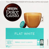 Nescafe Dolce Gusto Flat White coffee pods, featuring creamy milk and intense espresso for a café-quality experience at home.