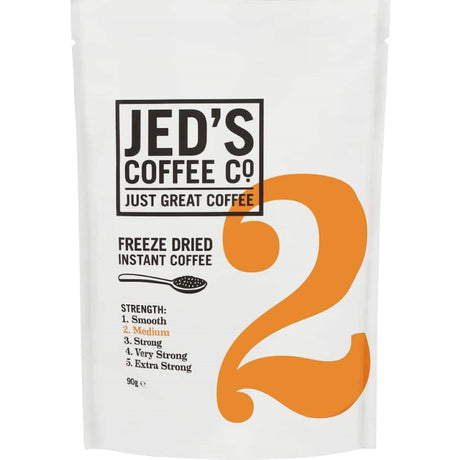 Jed's Instant Freeze Dried Coffee #2 Medium pouch featuring vibrant branding and highlights of its smooth flavor profile.