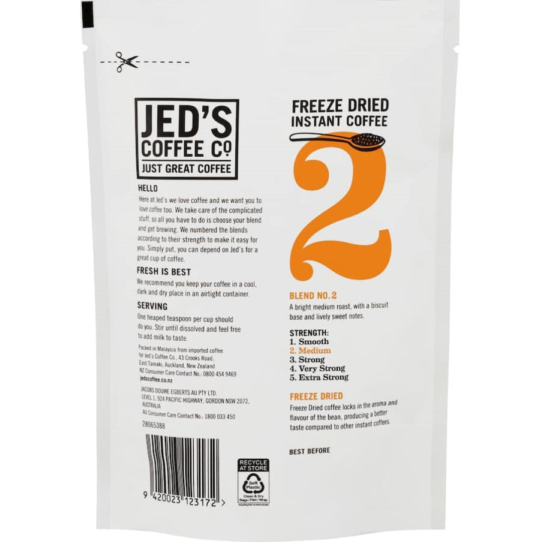 Jed's Instant Freeze Dried Coffee #2 Medium, featuring a smooth biscuit base and sweet notes for a rich coffee experience.