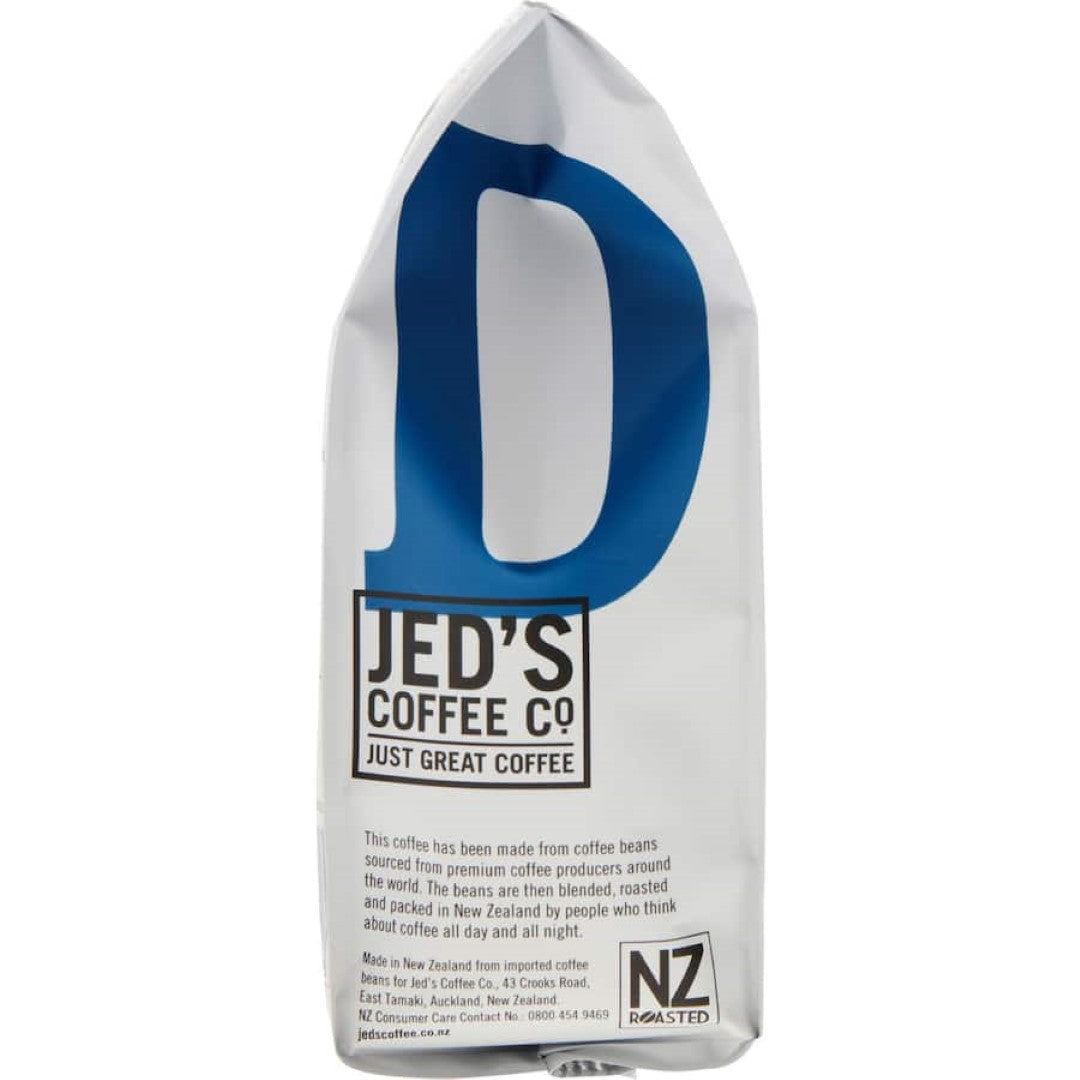 A bag of Jed's Plunger Grind Coffee #4 Very Strong Decaf, showcasing rich dark roast coffee perfect for bold flavor lovers.