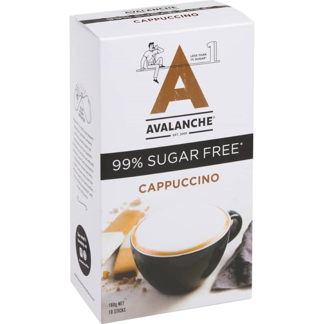 Avalanche 99% Sugar Free Coffee Mix Cappuccino 160g, a rich, low-calorie blend for guilt-free coffee enjoyment.