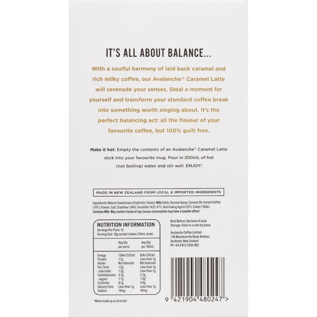 Avalanche 99% Sugar Free Coffee Mix Caramel 160g pack, offering rich caramel flavor and easy preparation for guilt-free coffee.