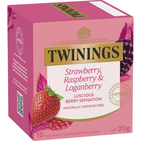 Aromatic Twinings Fruit Tea featuring juicy raspberry, strawberry, and loganberry flavors, naturally caffeine-free.