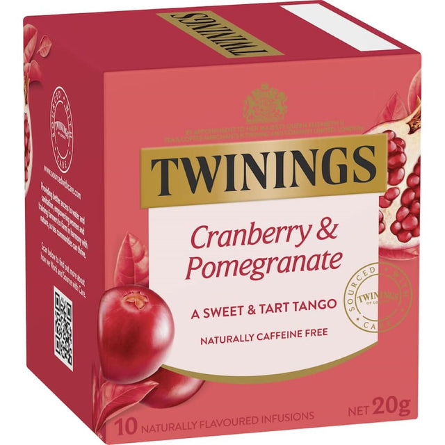 Twinings Fruit Tea Cranberry & Pomegranate, a vibrant herbal infusion of sweet cranberries and tangy pomegranates, caffeine-free.