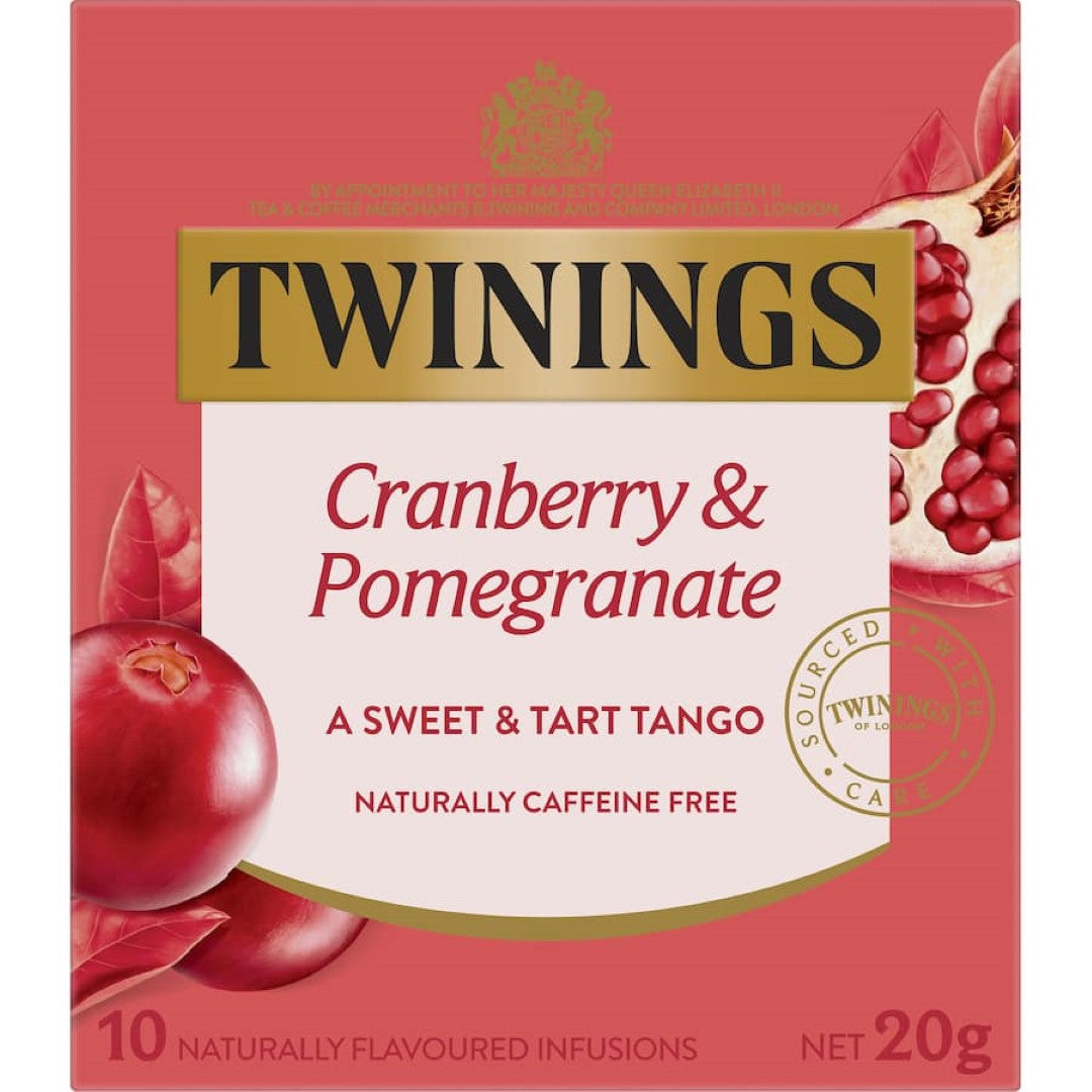 A vibrant blend of Twinings Fruit Tea with sweet cranberry and tangy pomegranate for a refreshing, caffeine-free herbal infusion.