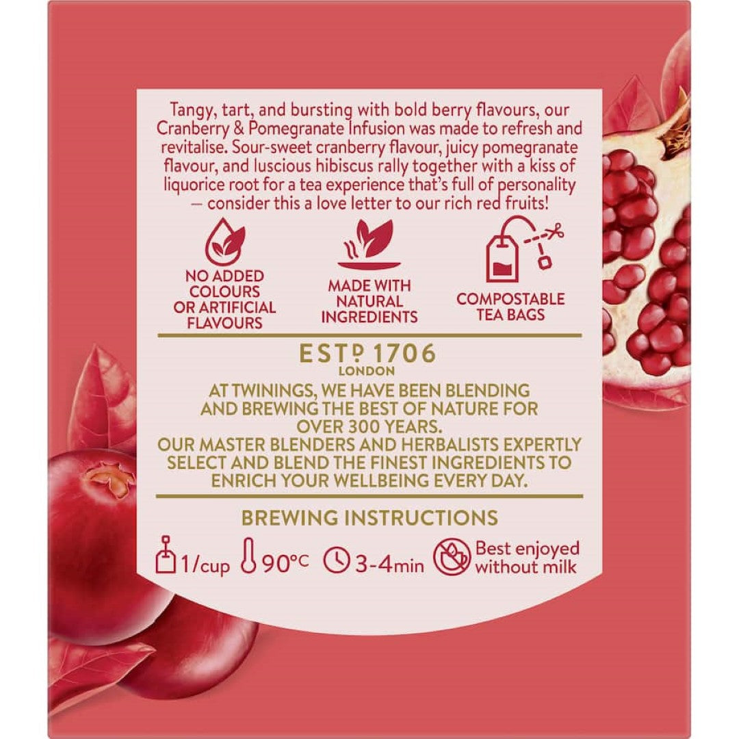 Twinings Cranberry & Pomegranate fruit tea blend, showcasing vibrant flavors in a guilt-free, caffeine-free herbal infusion.