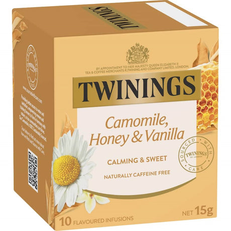 Twinings Herbal Tea blend featuring chamomile, honey, and vanilla for a soothing, caffeine-free relaxation experience.