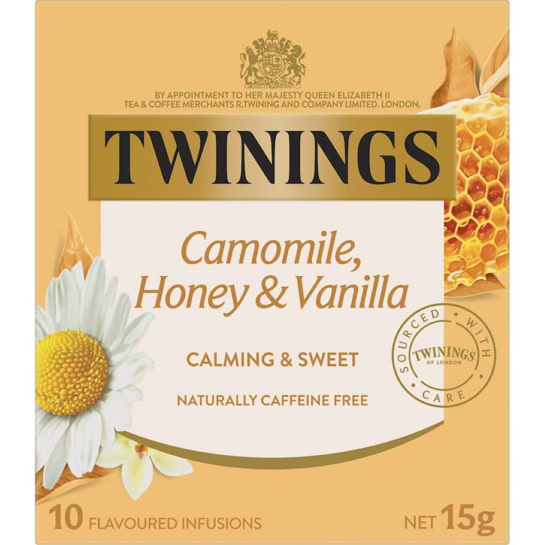 Twinings Herbal Tea blend featuring soothing camomile, sweet honey, and rich vanilla for a calming, caffeine-free experience.