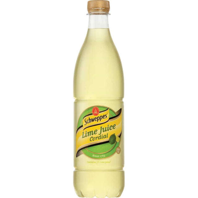 Bottle of Schweppes Concentrate Lime Cordial, showcasing vibrant lime flavor for refreshing drinks and cocktails.