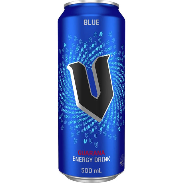 V Blue Drink in a vibrant blue bottle, offering a refreshing energy boost with essential vitamins and no artificial colors.