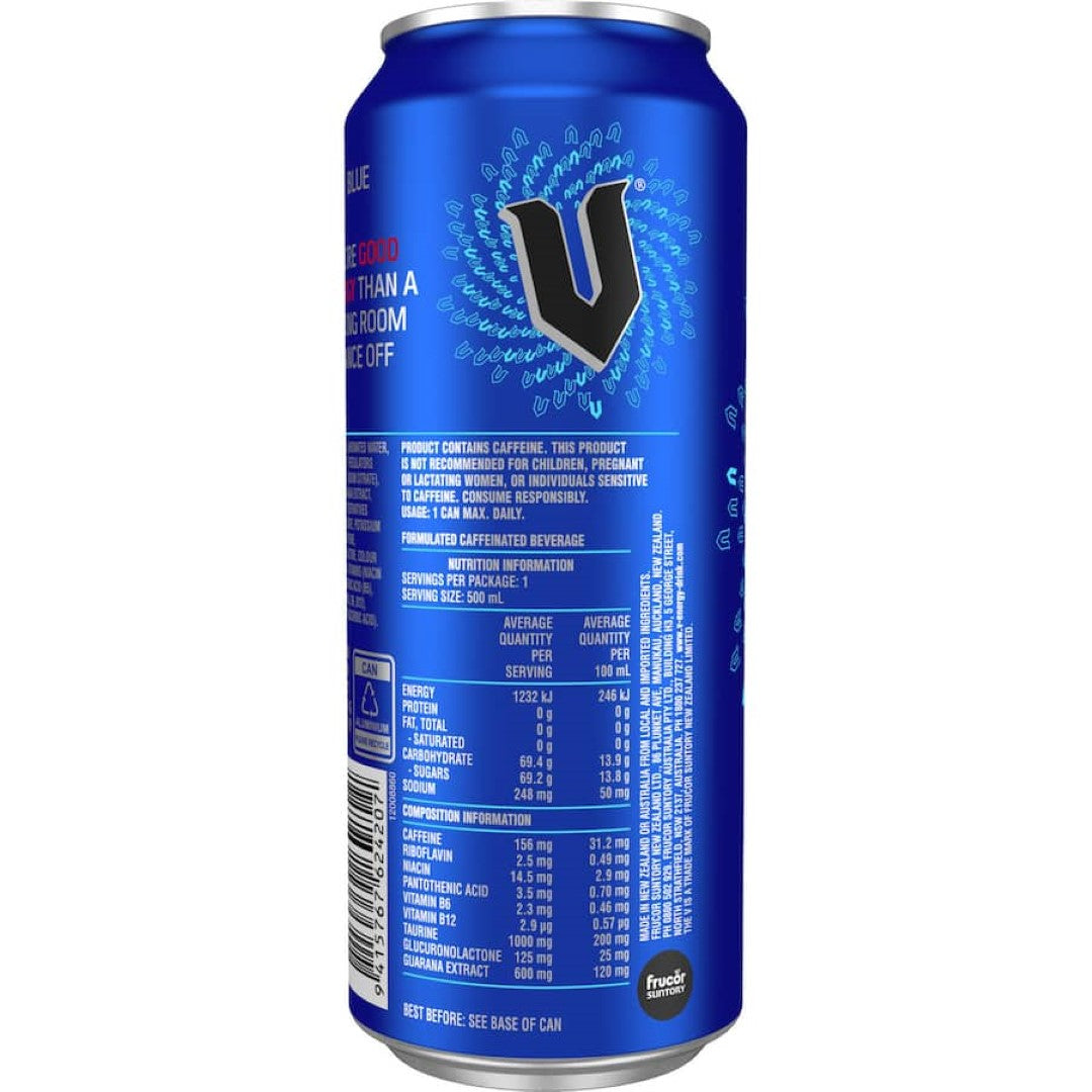 V Blue Drink in a vibrant blue hue, offering refreshing flavor and energy-boosting vitamins for any occasion.