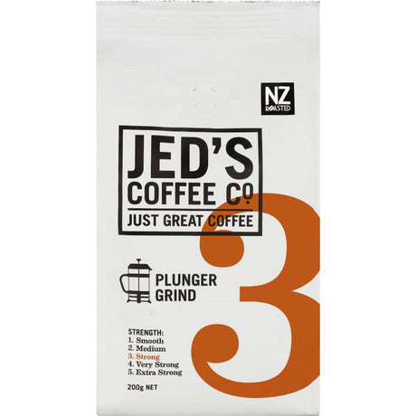 A bag of Jed's Plunger Grind Coffee #3 Strong, featuring rich flavors for bold coffee lovers, suitable for various brewing methods.