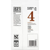 Rich, robust Jed's Plunger Grind Coffee #4, ideal for intense brews with premium Arabica and Robusta beans.