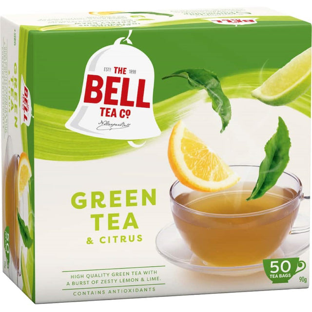 Refreshing Bell Green Tea Citrus blend with zesty lemon and lime flavors, featuring 50 eco-friendly biodegradable tea bags.