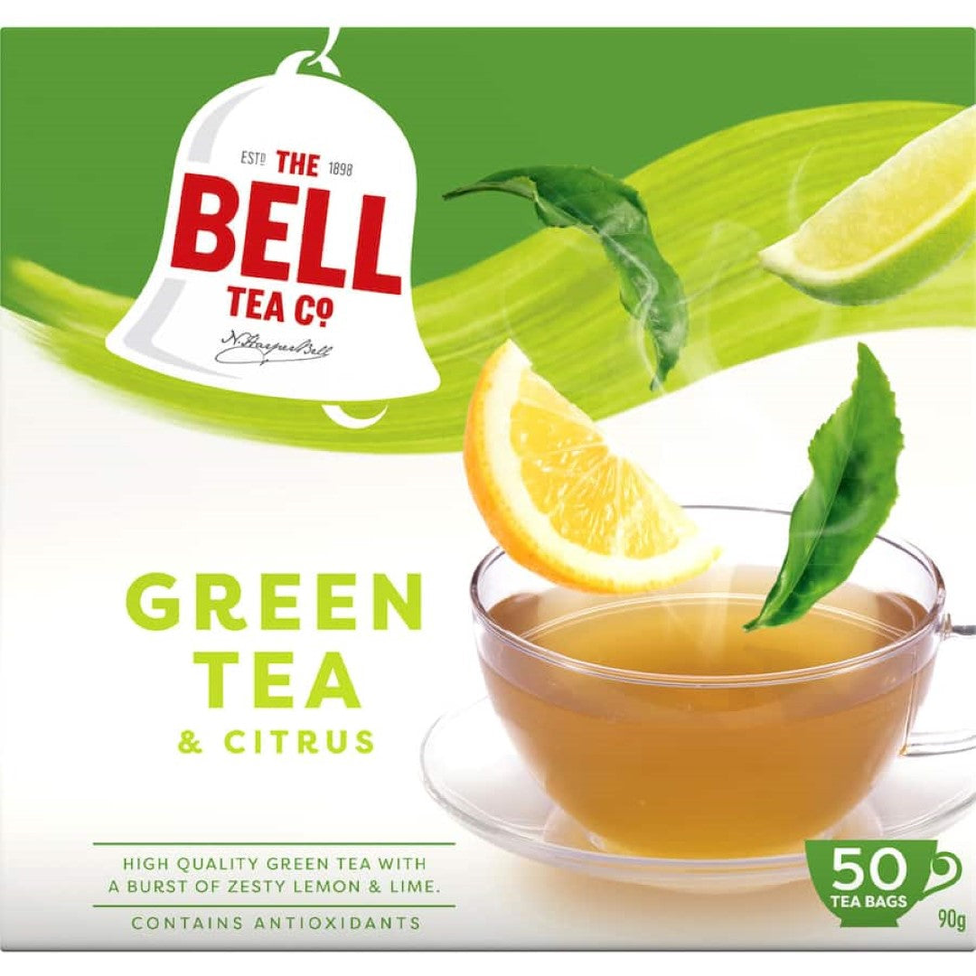 Brightly packaged green tea with lemon and lime flavors, featuring biodegradable tea bags and eco-friendly certification.