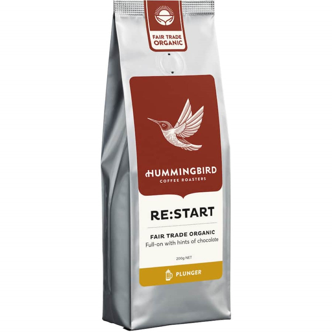 Hummingbird Fair Trade Organic Fresh Plunger Grind Coffee Re:start, medium roast with nutty notes, promoting sustainability and community support.