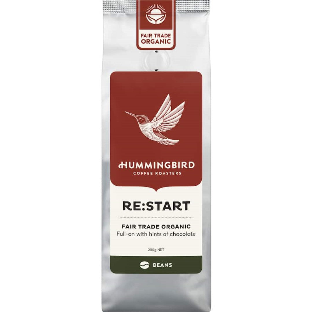 Hummingbird Fair Trade Organic Whole Beans Coffee Re:start, medium roast with nutty, chocolaty flavors, supports ethical sourcing.