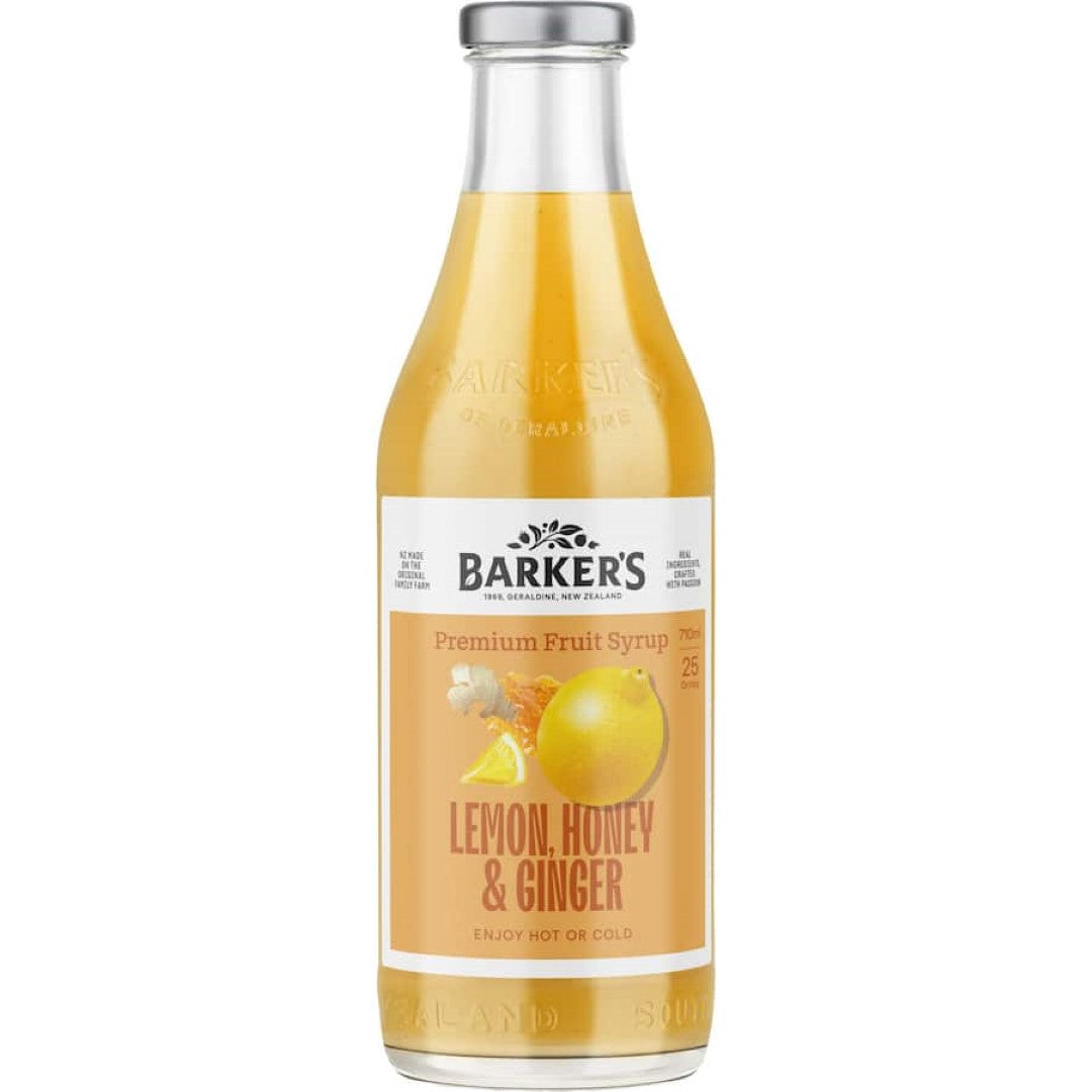 Barkers Fruit Syrup Lemon, Honey & Ginger, a flavorful blend for desserts, cocktails, and marinades.