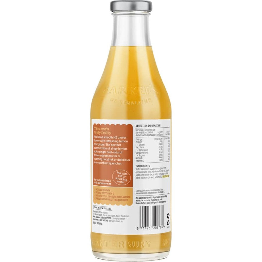 Barkers Fruit Syrup Lemon, Honey & Ginger blends citrusy lemon, sweet honey, and warming ginger for versatile culinary use.