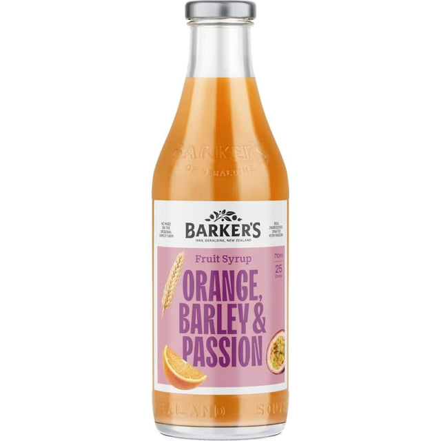 Luscious Barkers Fruit Syrup with orange and passionfruit flavors, perfect for enhancing desserts and drinks.