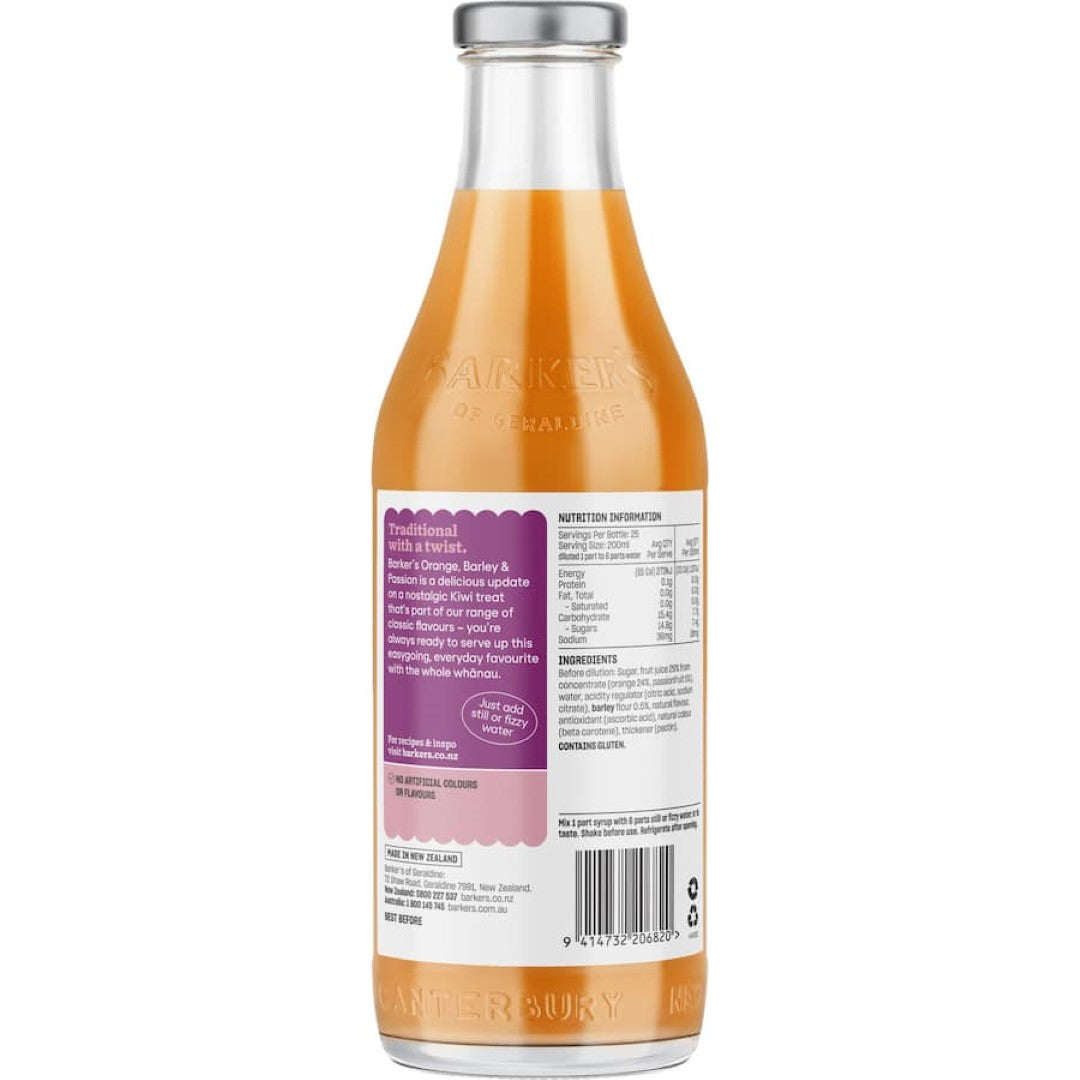 Vibrant Barkers Fruit Syrup Orange/Barley Passionfruit bottle, blending citrus zest and tropical sweetness for culinary delights.