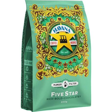 Havana Plunger Grind Five Star coffee blend, rich chocolate brownie flavor, ideal for plunger brewing, perfect for coffee lovers.